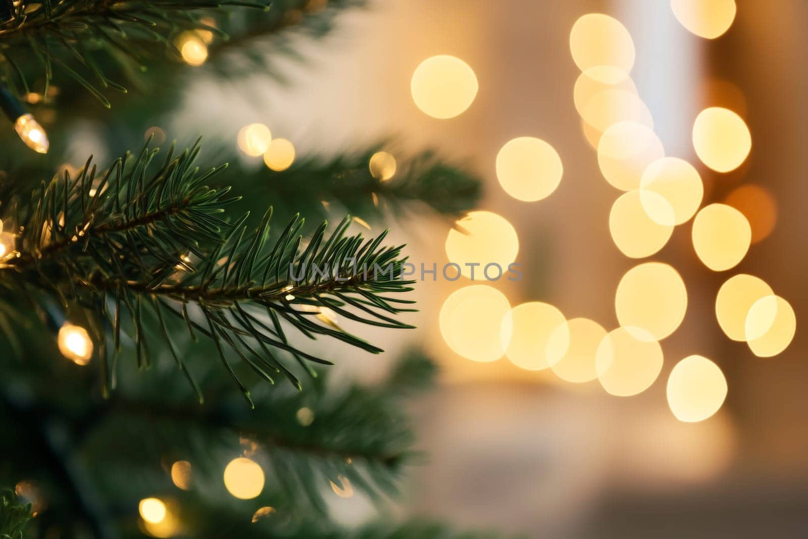 A Christmas tree decorated with a garland. Blurred background, bokeh. High quality photo