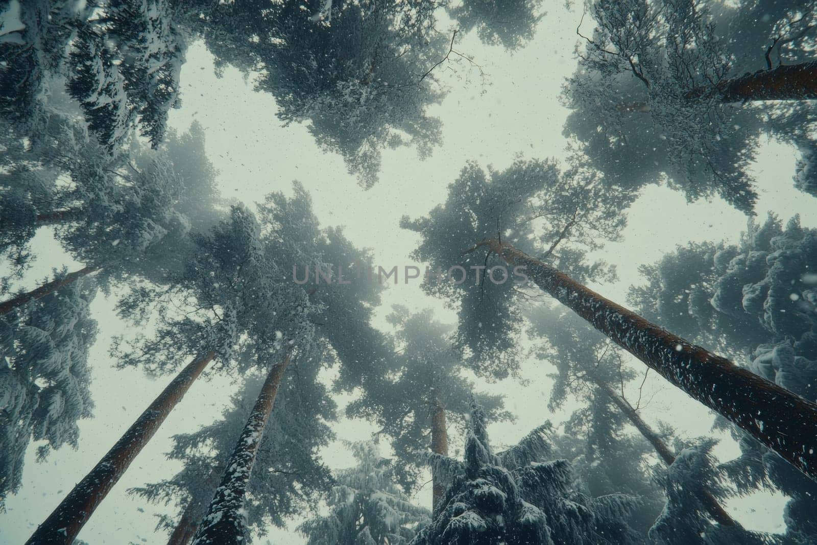 Bottom up view of tree tops in winter forest. High quality photo