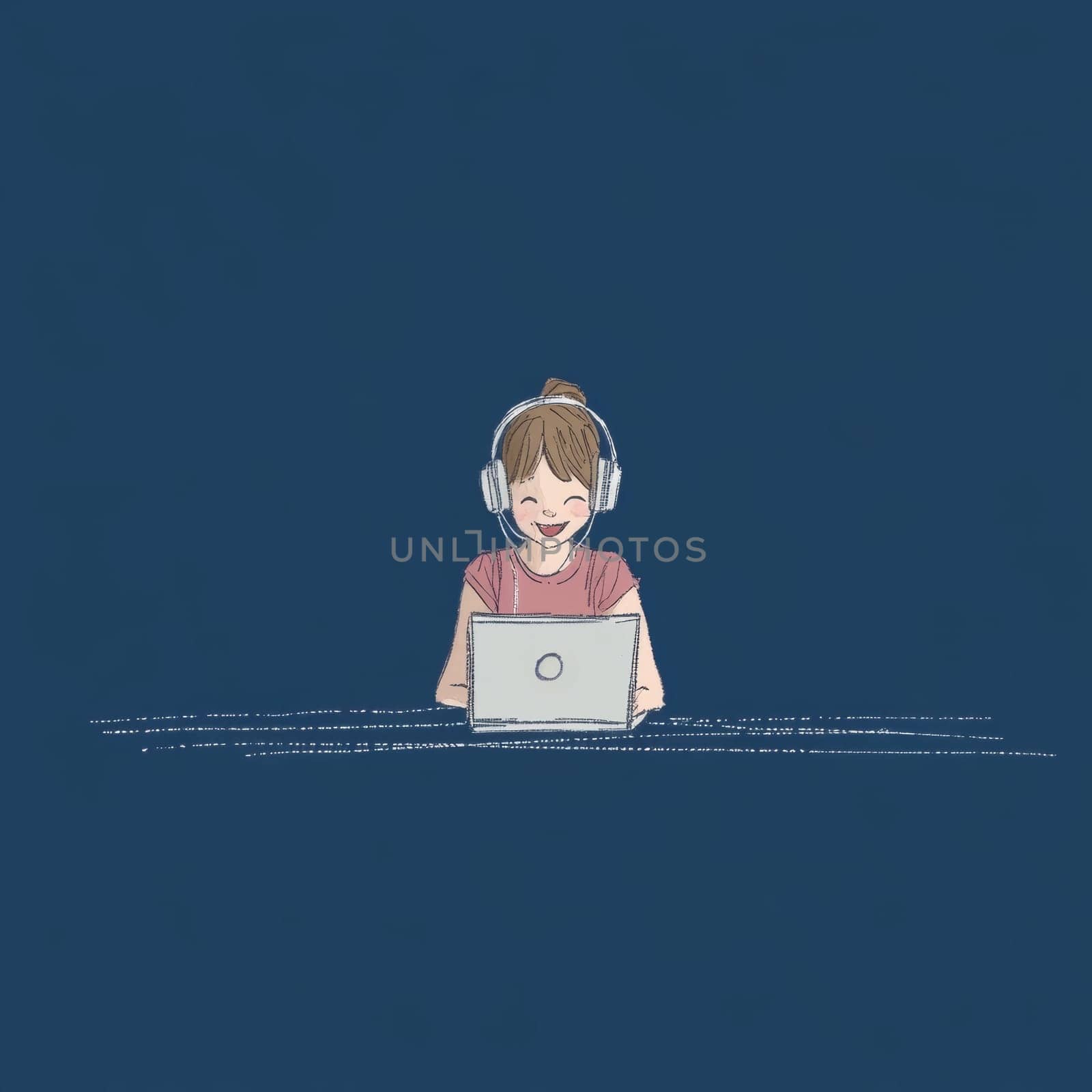 Teenage girl sitting at laptop in pink glasses and headphones on blue background. High quality photo