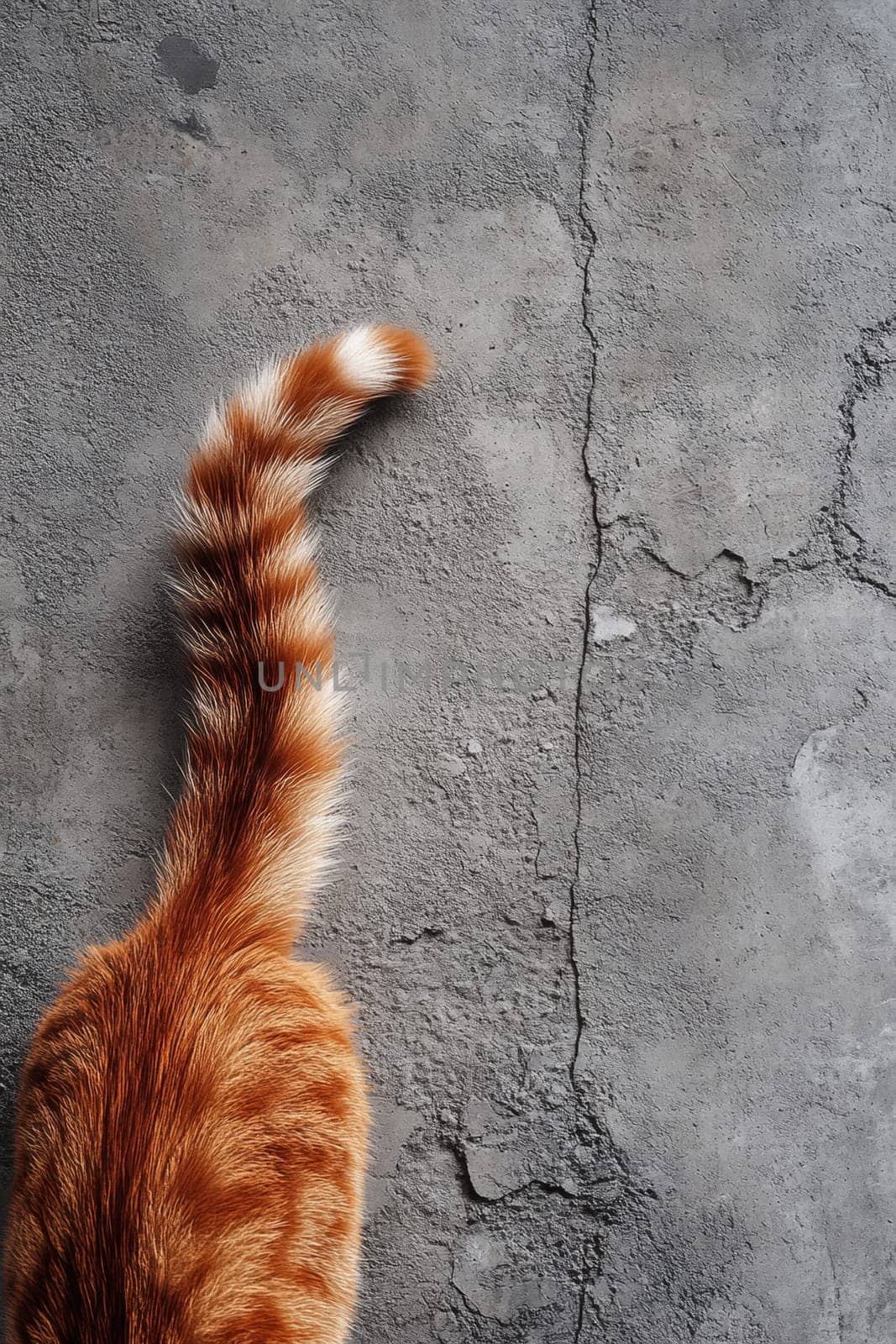 Ginger cat on a gray background, top view. Cat's tail. High quality photo