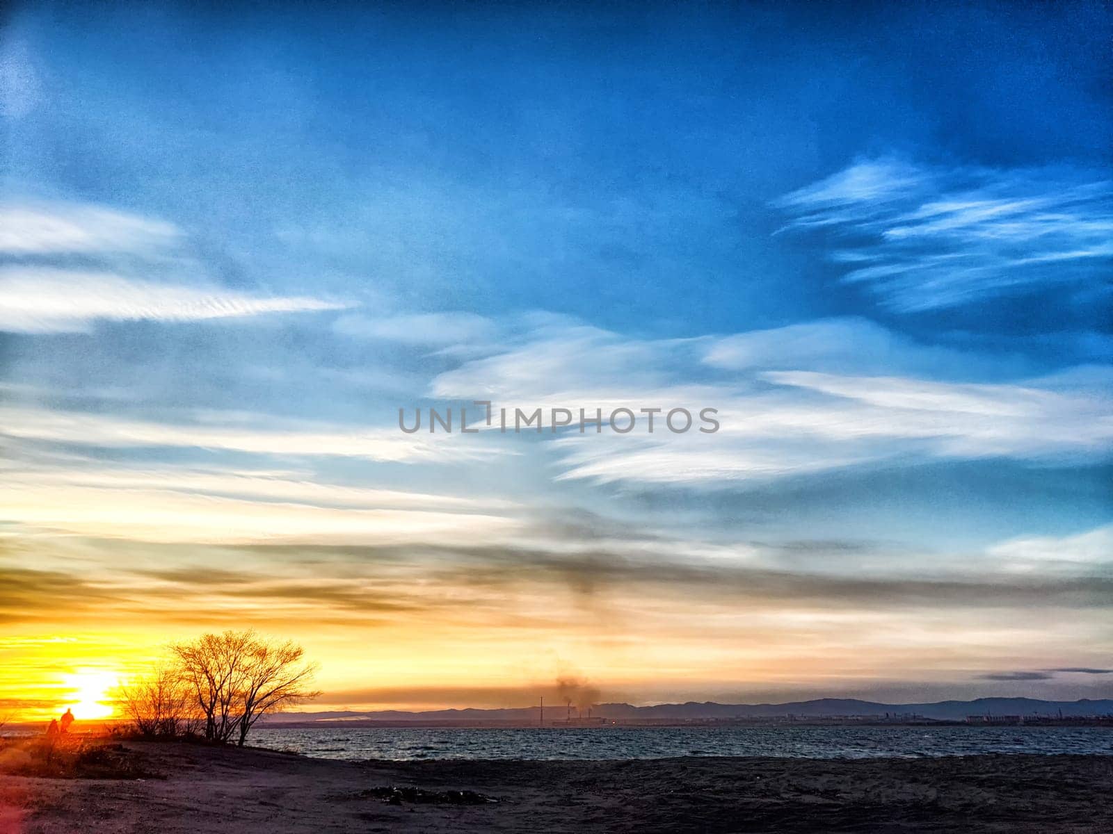 Sunset paints the sky with warm colors while a tree silhouette stands near the water's edge.