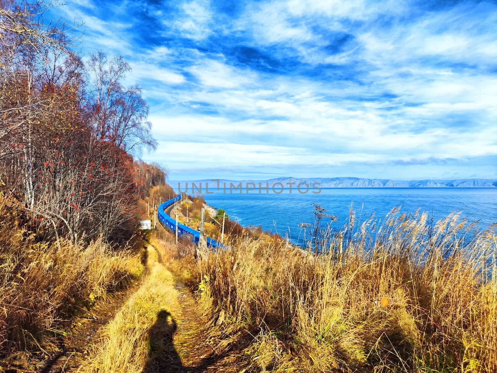 A tranquil trail along Baikal Lake features golden grasses and autumn colors under a bright sky, inviting exploration and adventure.