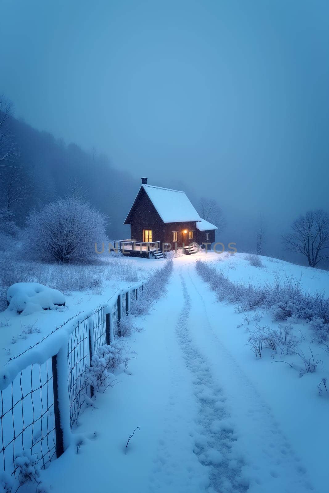 A charming cabin glows softly amidst a snowy landscape, with a path leading through the fog in the quiet of night - Generative AI