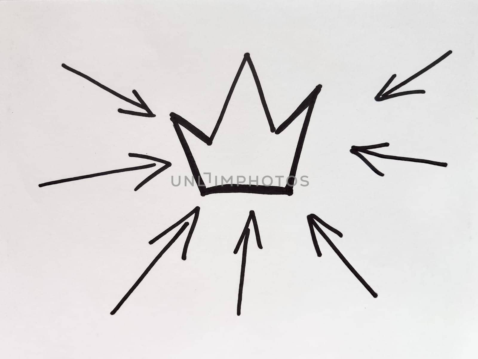 A crown drawing is surrounded by arrows pointing outward, creating a striking visual effect in black and white colors.