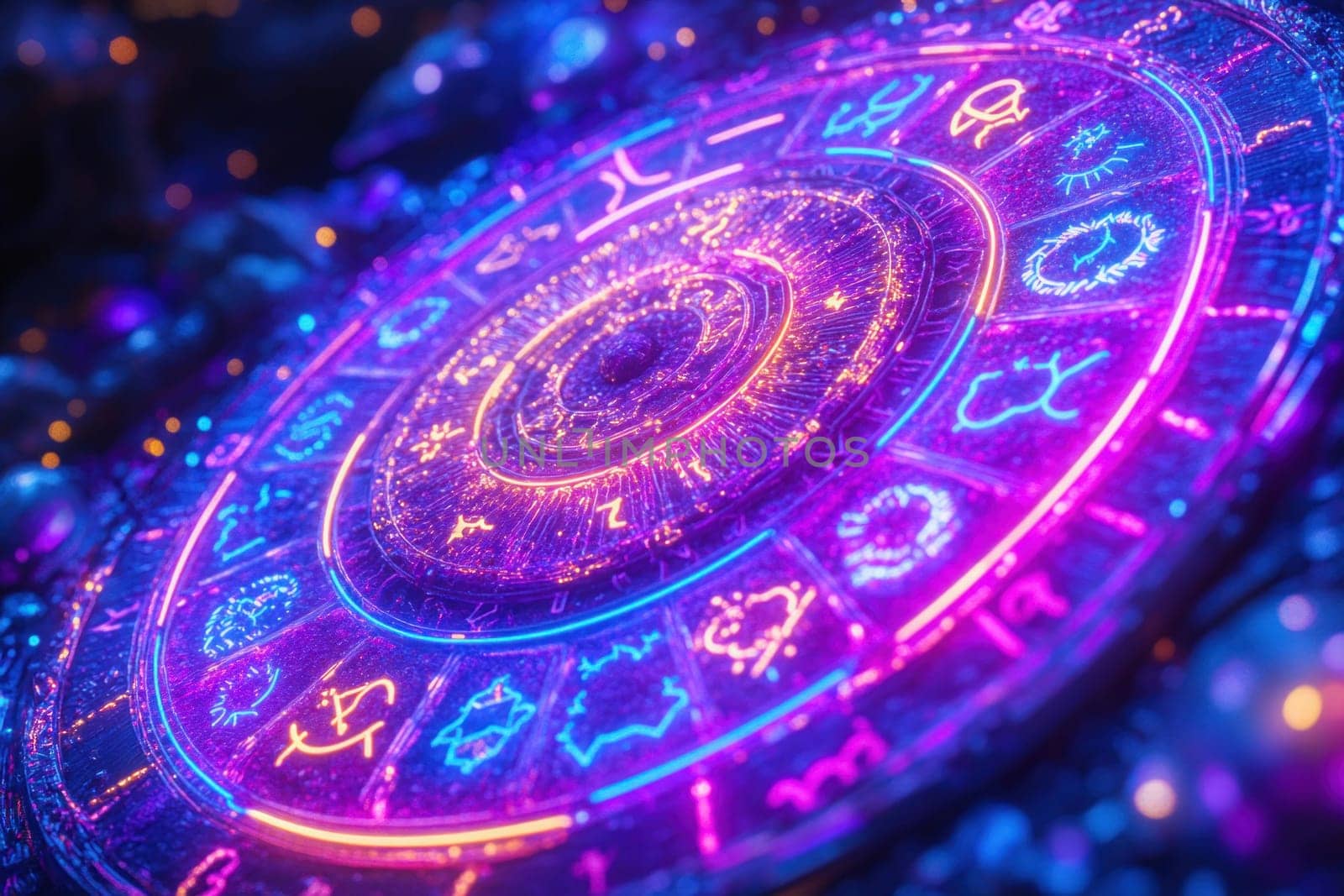 Circular zodiac wheel glowing with neon light, featuring astrological signs and futuristic design