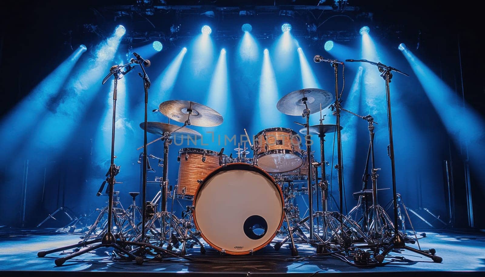 Drum set is ready for the drummer to start playing under blue stage lights