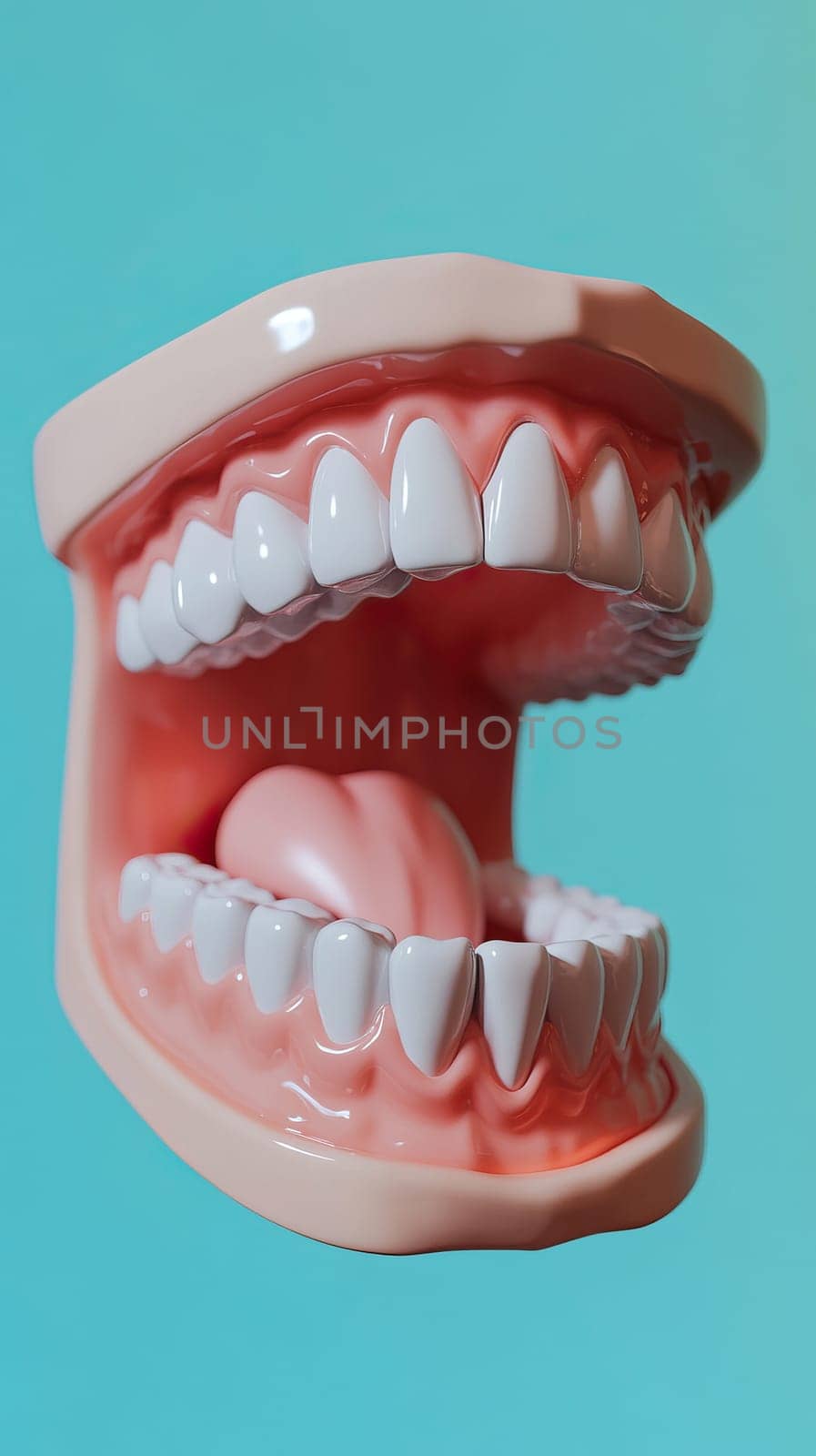 An intricate openmouth dental model showcasing detailed teeth and tongue for educational use and learning