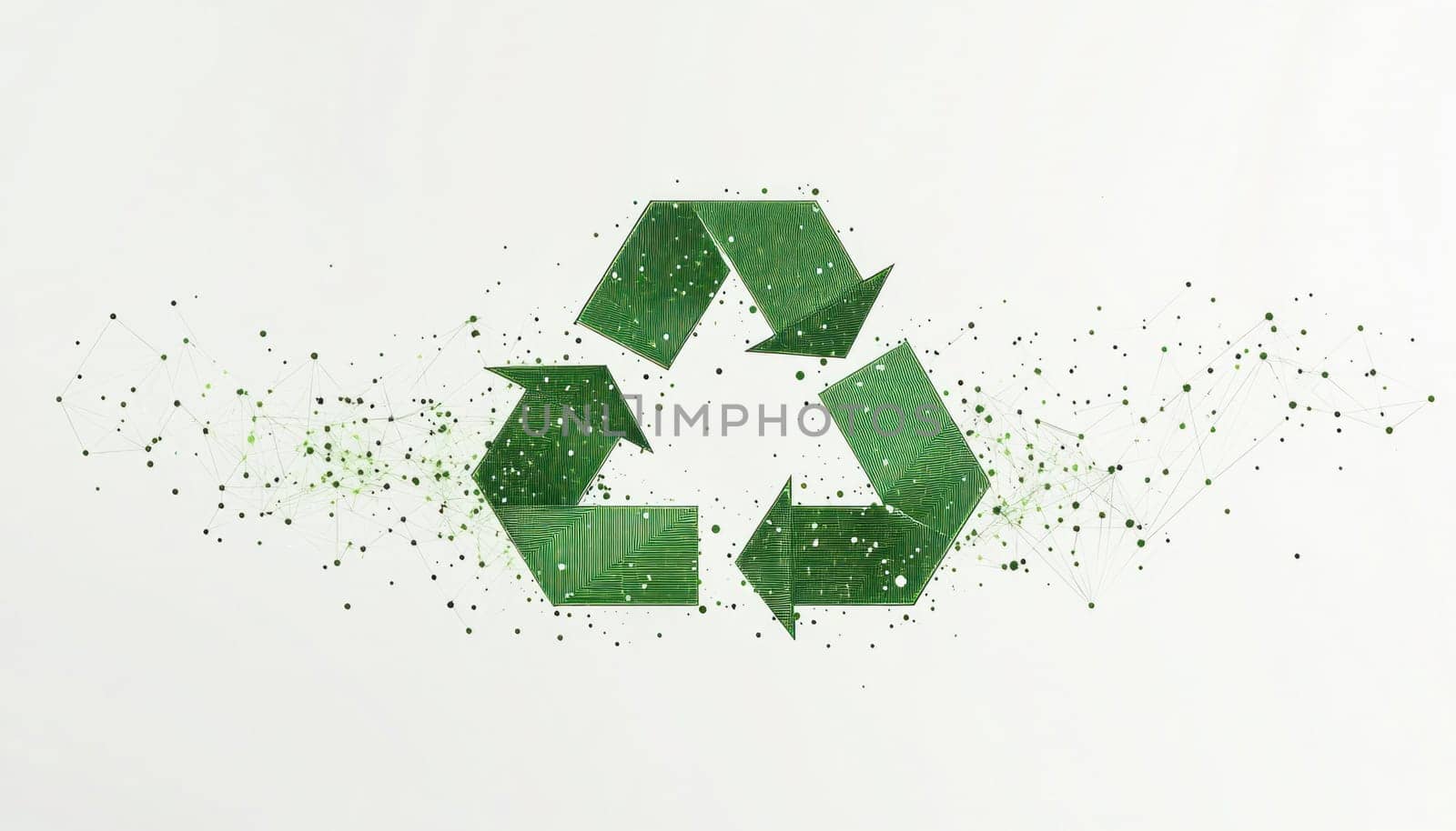 Recycle symbol transforming into digital particles, highlighting the connection between technology and environmental sustainability