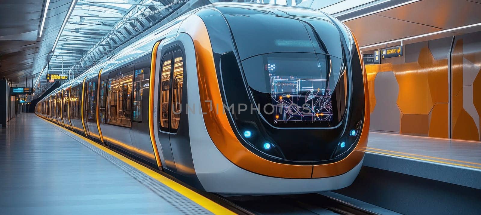 Sleek, orange and grey subway train waiting at a modern station platform, representing advanced public transport