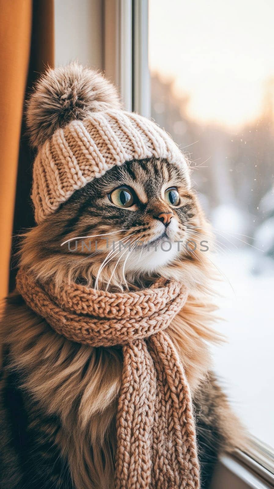 Adorable cat wearing warm winter clothes gazes out the window on a snowy day