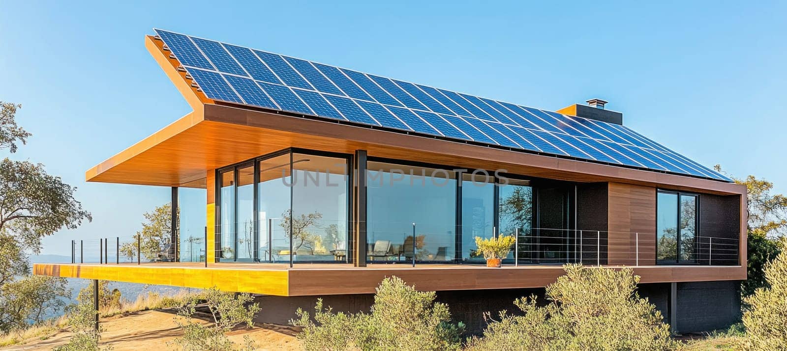 Luxurious and eco friendly house is using solar panels on the roof to generate clean energy