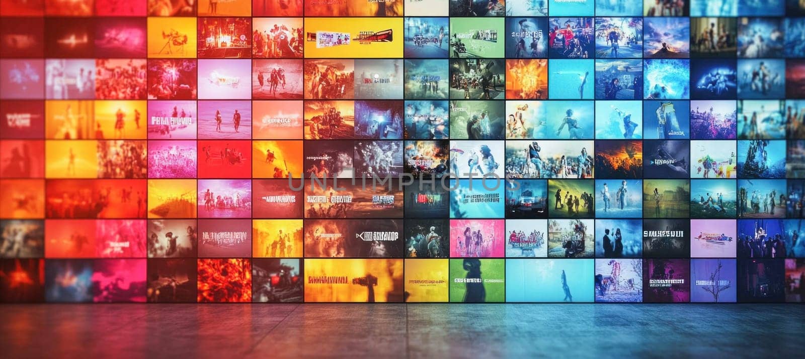 Video wall showing multiple streaming services content, movies and series streaming