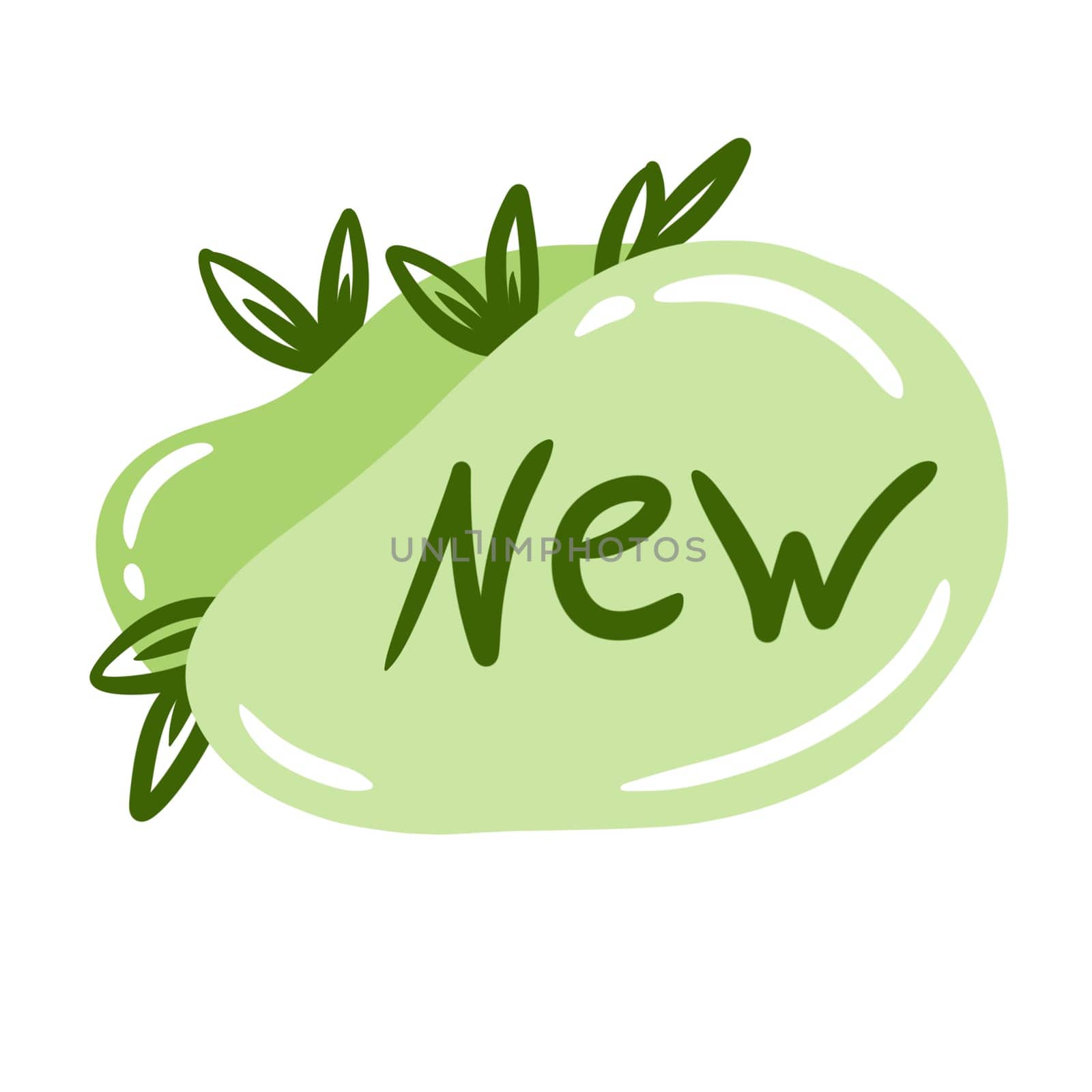 Hand drawn illustration sticker with word new in green leaves eco Modern innovation newest design, news sign text for creative business print, information development attention banner, font tag symbol