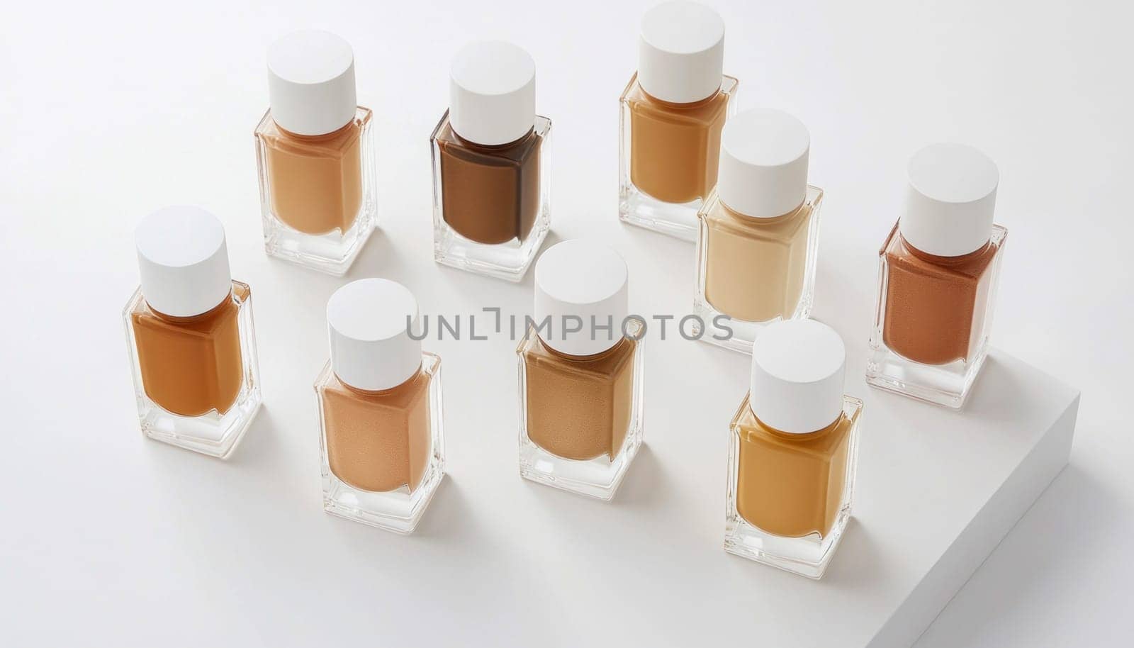 Several foundation bottles are standing on a white surface, displaying a wide range of shades to match diverse skin tones
