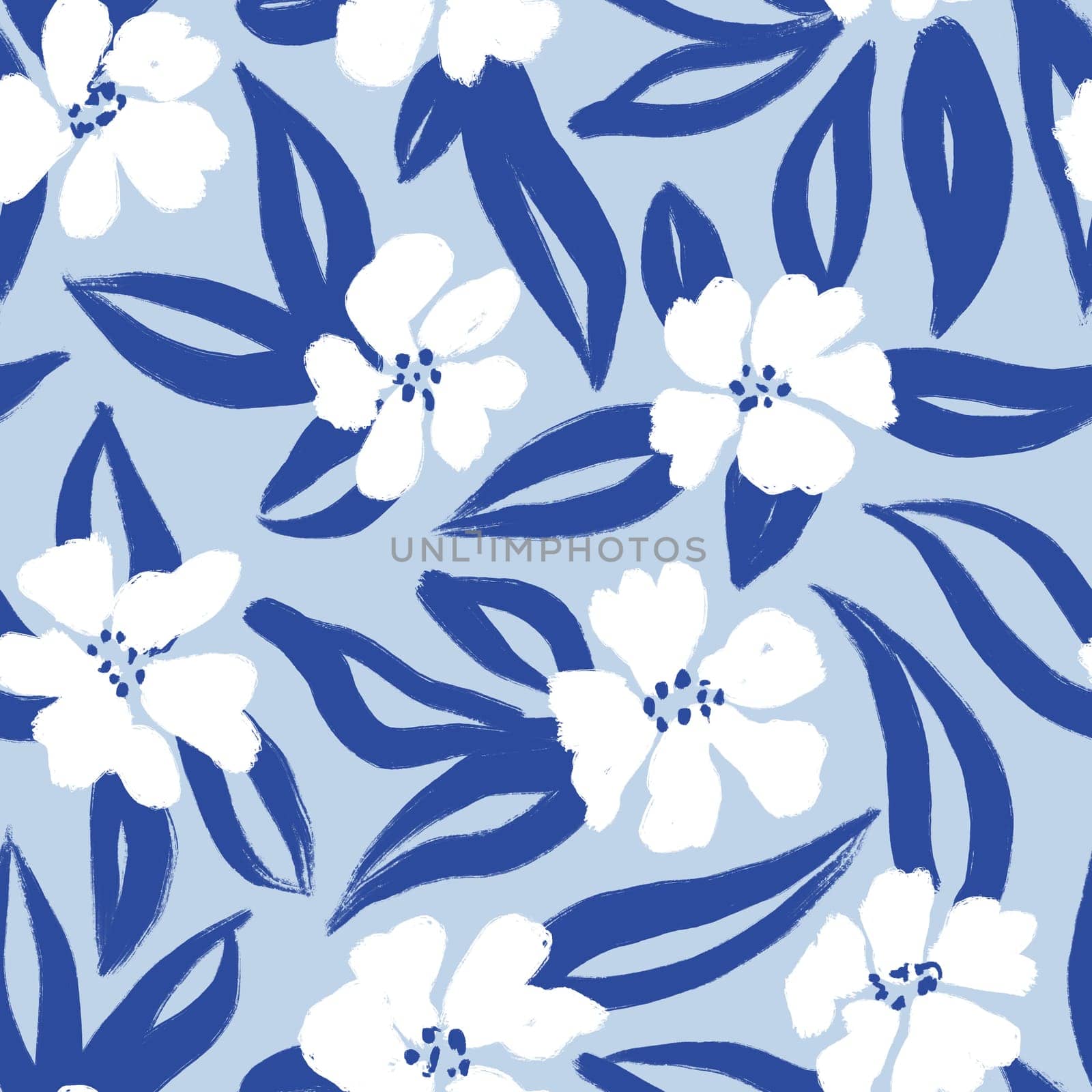 Hand drawn seamless floral flower pattern with cobalt blue wildflowers on white background. Chinoiserie style cottagecore summer garden meadow bloom blossom design, daisy ditsy art, simple rustic farm design