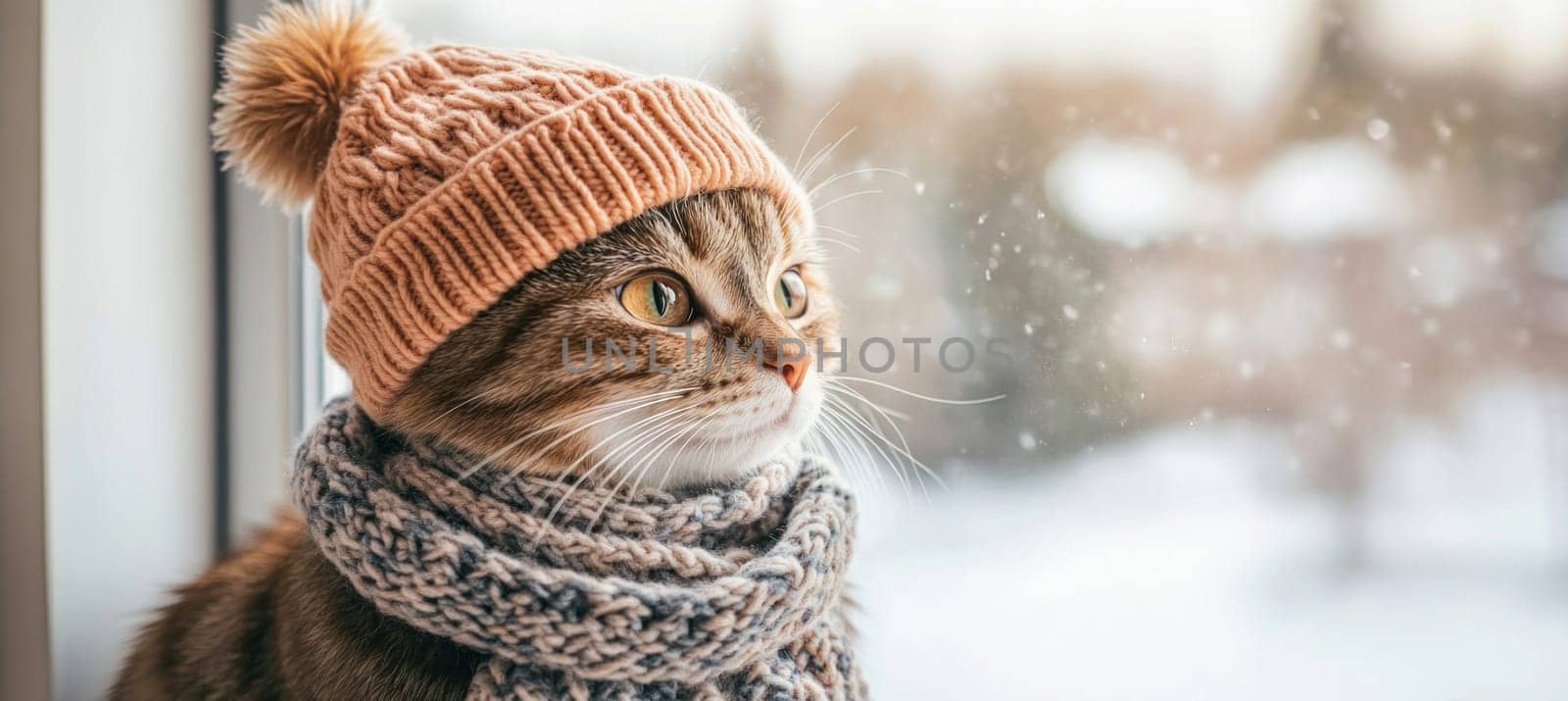 Adorable cat wearing knit hat and scarf looking out window during a winter snowfall