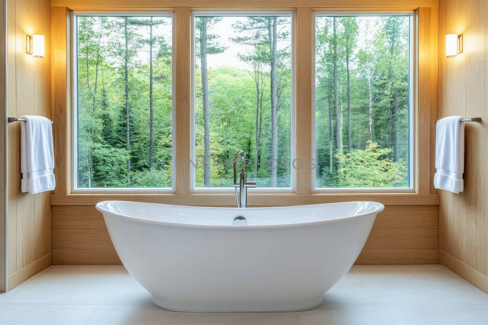 Enjoying tranquility in a modern bathroom with a freestanding bathtub and a stunning view of nature