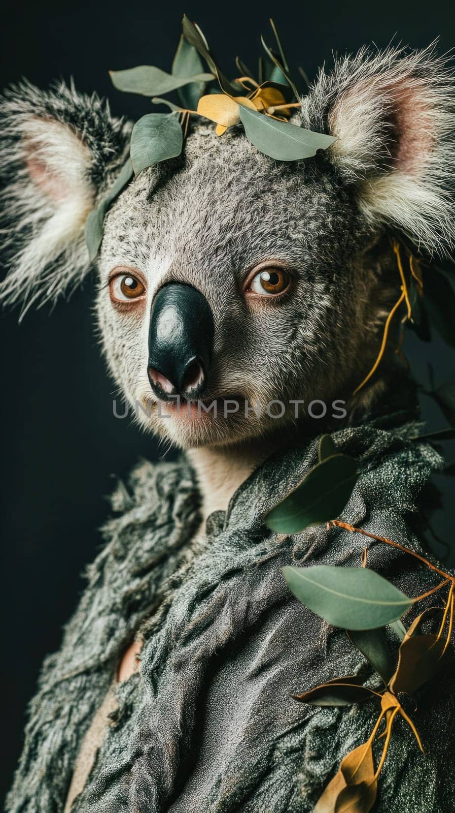 Koala wearing druid robe and eucalyptus crown posing on a dark background