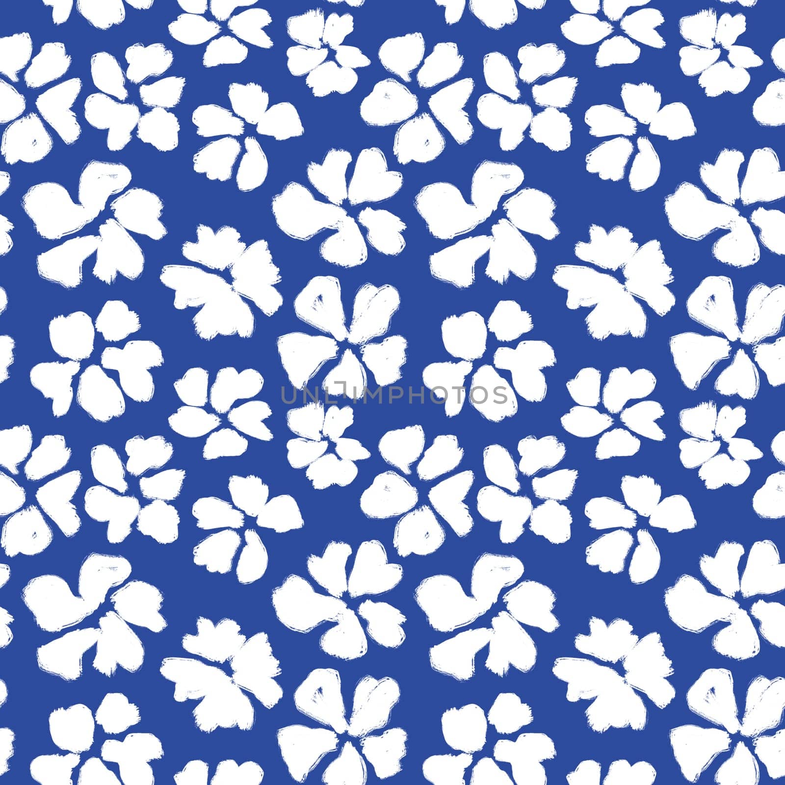 Hand drawn seamless floral flower pattern with cobalt blue wildflowers on white background. Chinoiserie style cottagecore summer garden meadow bloom blossom design, daisy ditsy art, simple rustic farm design