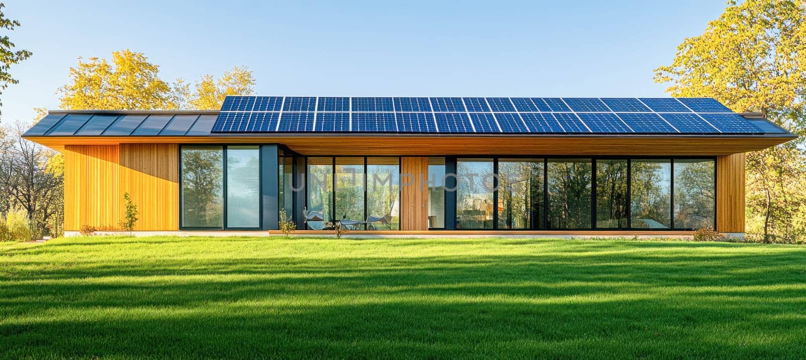 Eco friendly house showcasing solar panels on a sunny day, promoting renewable energy and sustainable living