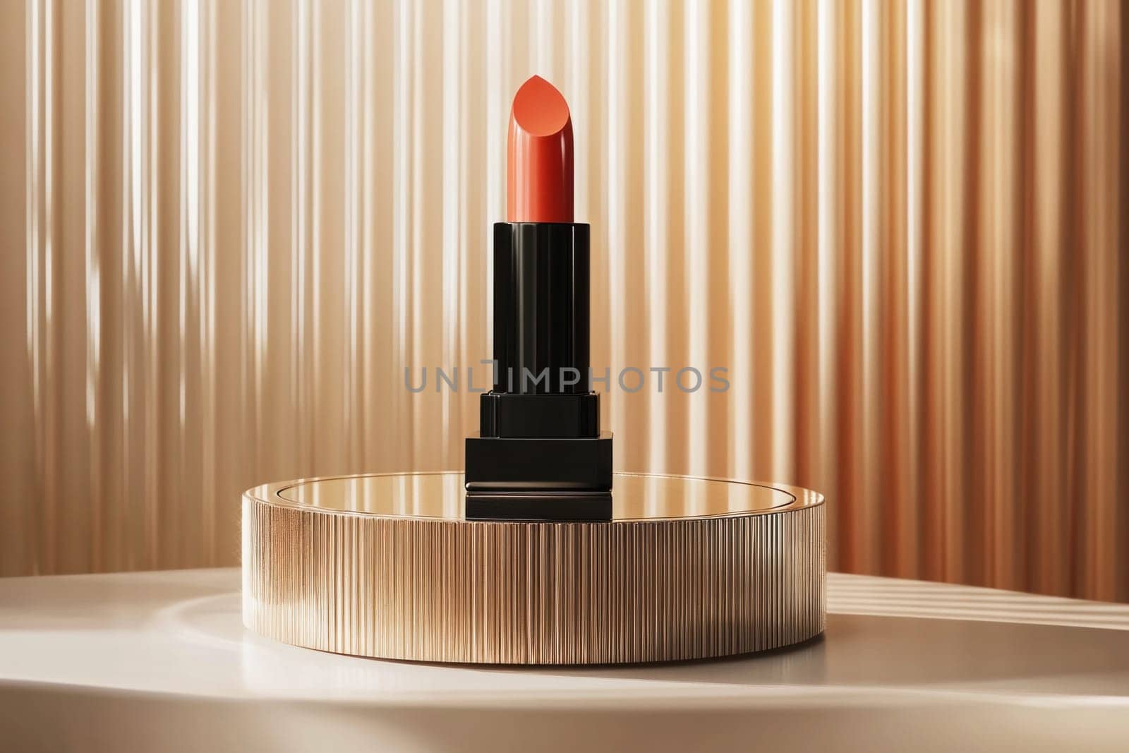 Orange lipstick on a golden pedestal with a curtain backdrop, creating a luxurious and elegant beauty product presentation