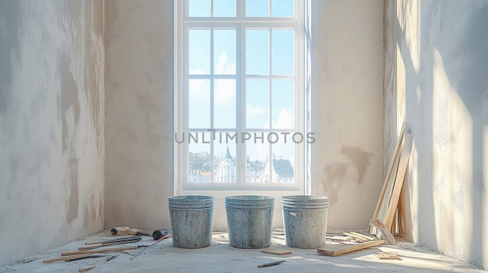 Three buckets and construction tools sit on dusty floor in room undergoing renovation, large window offering glimpse of city outside