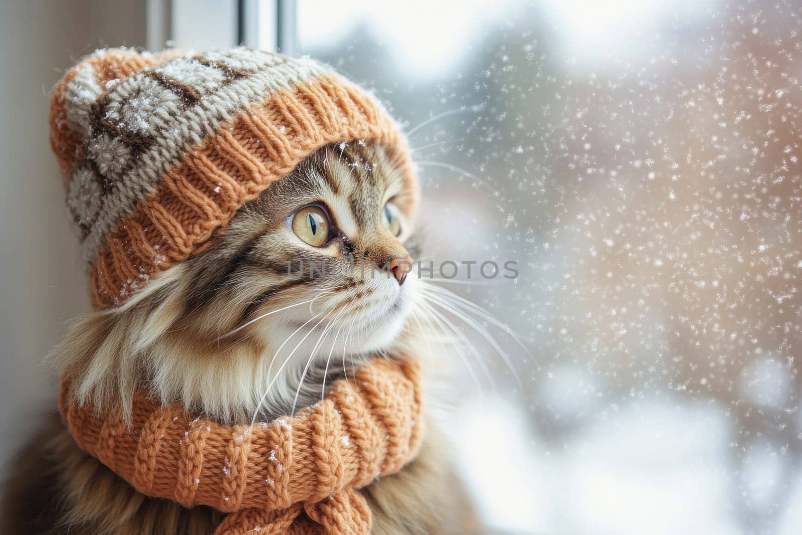 Adorable cat wearing warm winter clothes gazes out the window on a snowy day