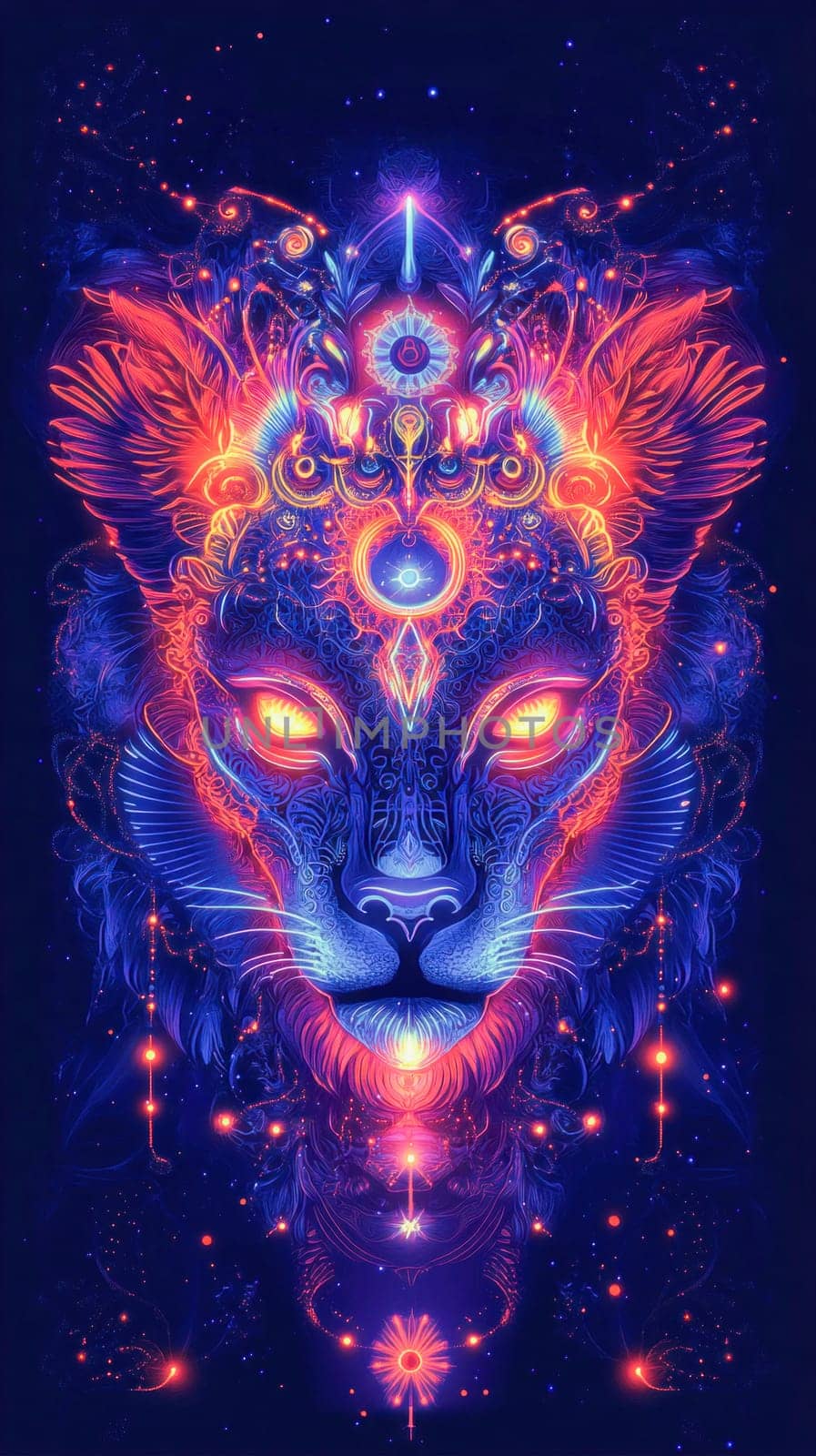 Vibrant neon lion face with intricate details, glowing against a dark cosmic backdrop, creating a mystical and powerful artwork