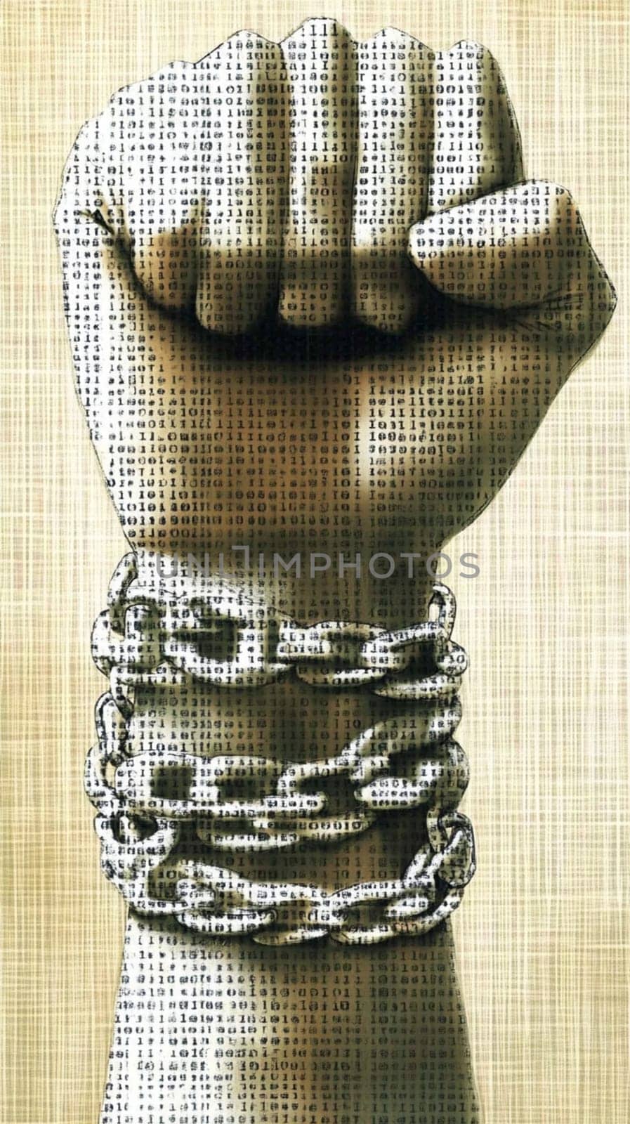 Fist with binary code covering it is squeezing tight while being held back by chains, symbolizing the struggle against censorship and oppression