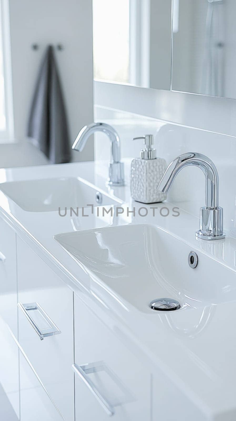 Two gleaming white bathroom sinks featuring chrome faucets and a soap dispenser create a clean, contemporary aesthetic in a bright, modern bathroom