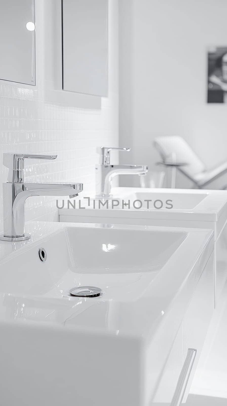 Two gleaming white ceramic bathroom sinks with modern chrome faucets reflect the bright light in a contemporary bathroom setting