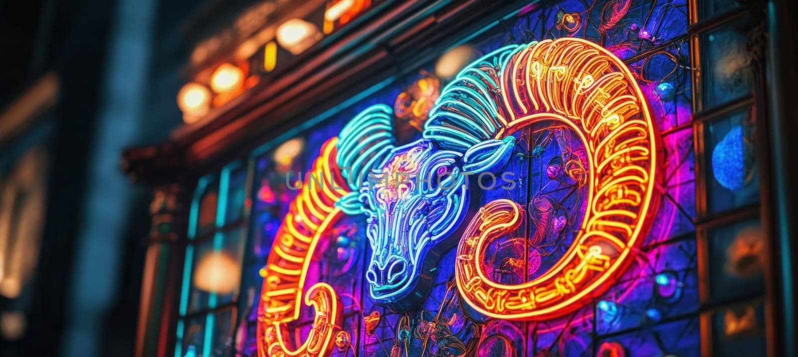 Vibrant neon ram sign adorning a building's facade, creating a captivating nighttime spectacle