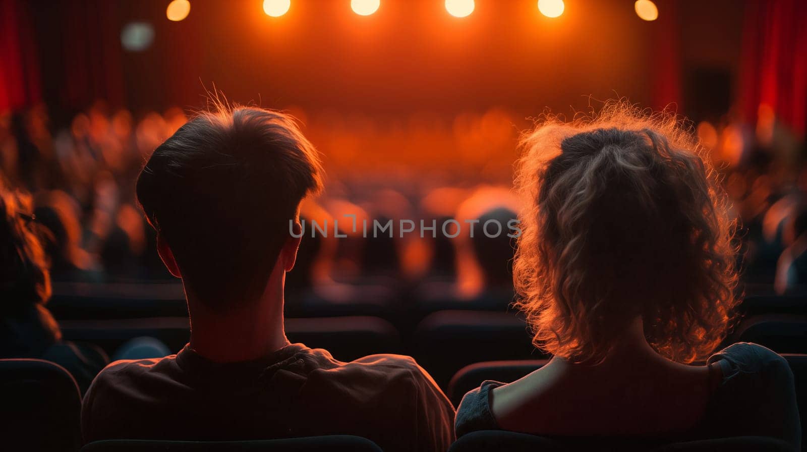 A couple sits closely together in a theater, captivated by the vibrant stage lights as they watch a live performance unfolding in front of them - Generative AI