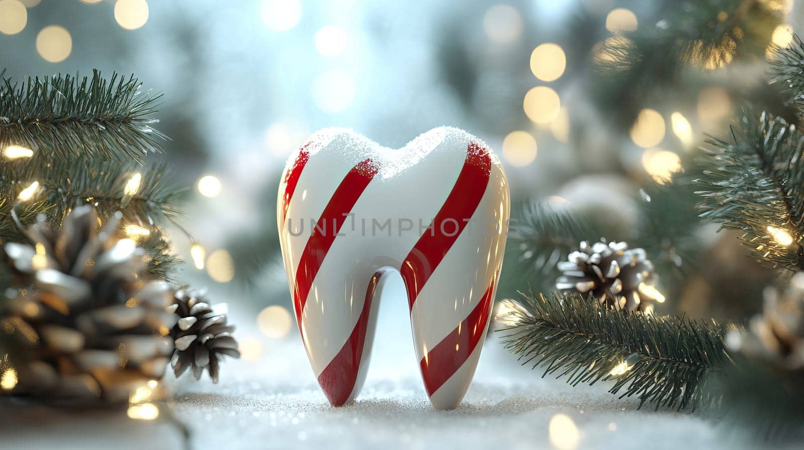 A playful and whimsical tooth decoration designed with a delightful candy cane theme for joyful Christmas festivities