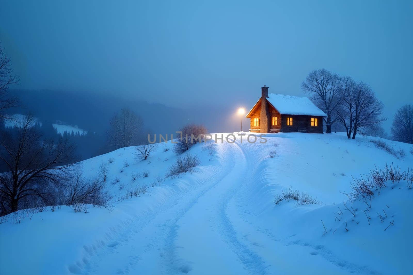 A warm light glows from a rustic cabin nestled on a snowy hillside as dusk settles over the winter landscape - Christmas holidays - Generative AI