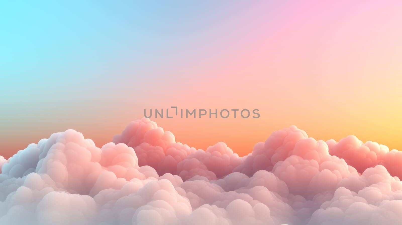 Soft pastel colors blend seamlessly in serene sky filled with clouds.