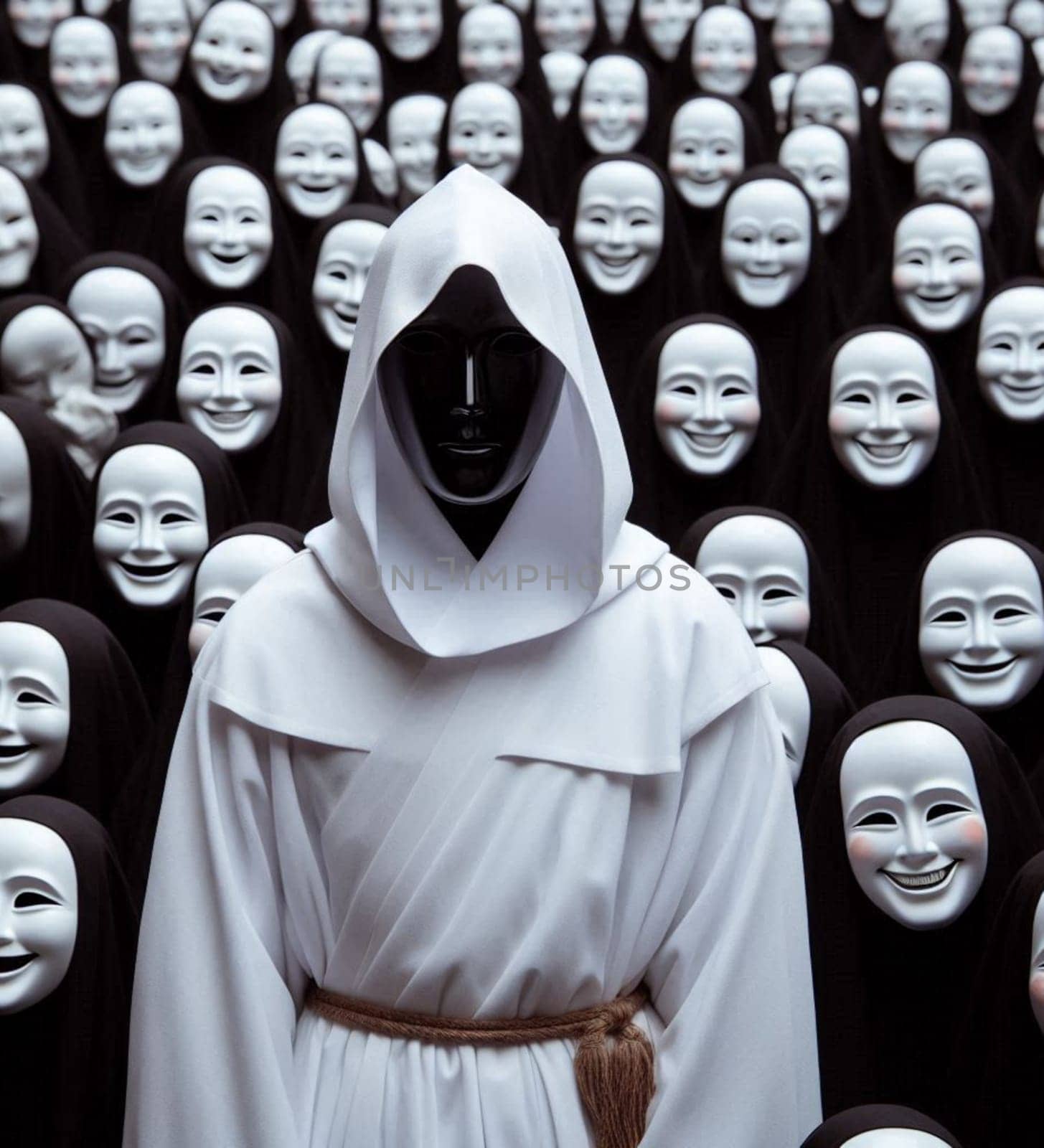 A person is wearing a white hooded mask and is surrounded by many other people wearing masks. Scene is eerie and mysterious, as the people are all wearing identical masks