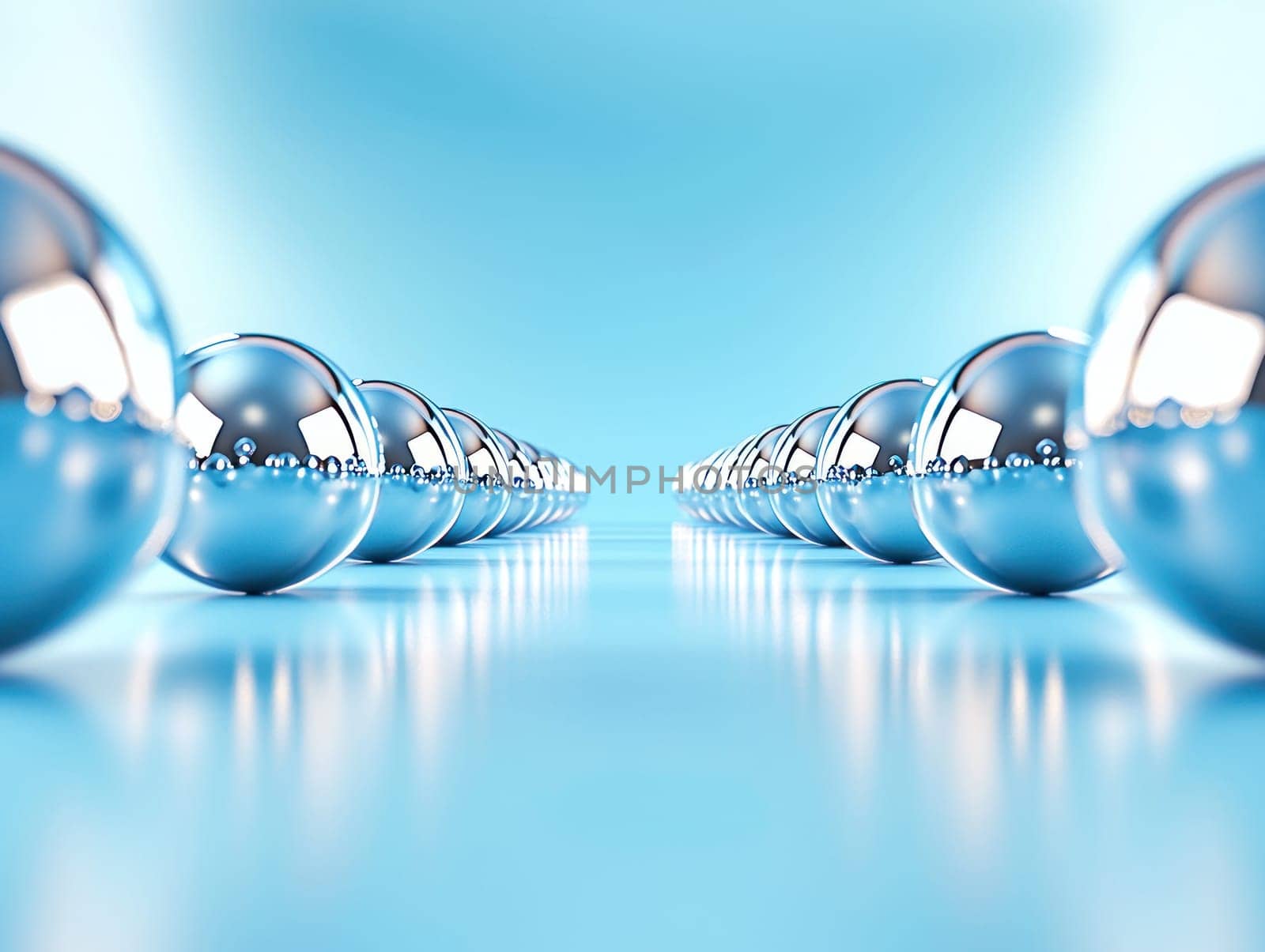 Shiny metallic spheres arranged in symmetrical pattern on blue background.