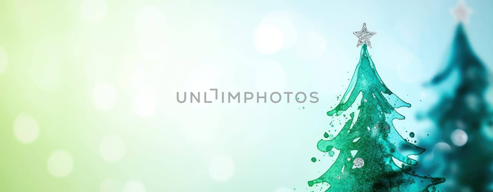 Watercolor splash of Christmas tree with star on top, festive vibes.