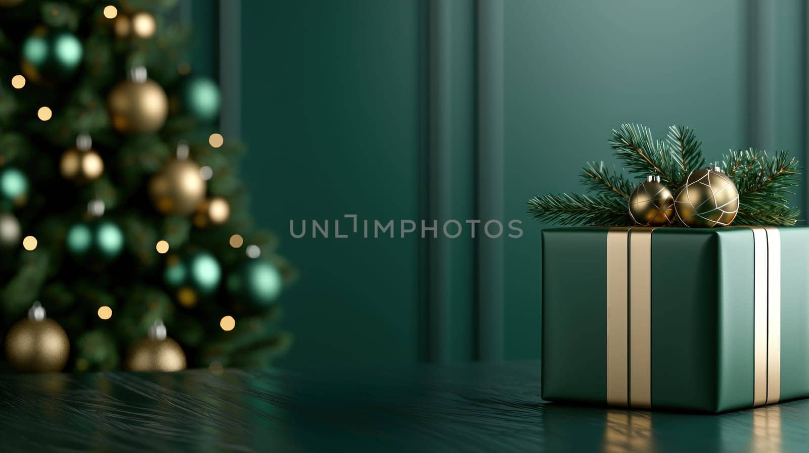 Elegant green Christmas gift box with gold accents beside festive tree.
