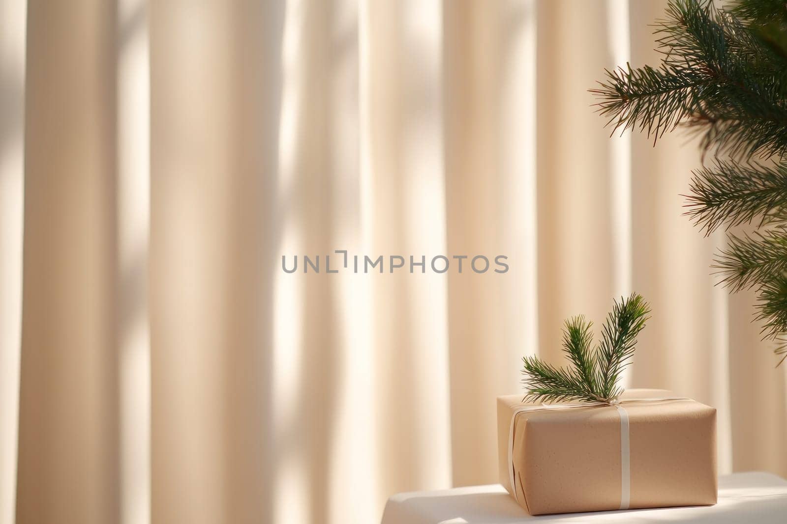 Wrapped gifts with sprig of pine, set against soft curtains.