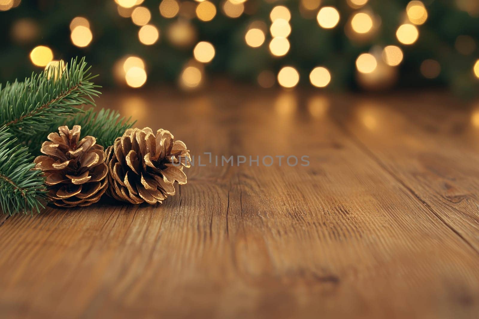 Golden pine cones and fir branches on wooden surface create warm, festive atmosphere.
