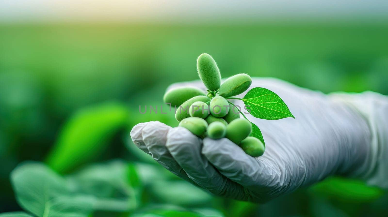 Scientist holding green soybeans with leaf, showcasing agriculture potential.