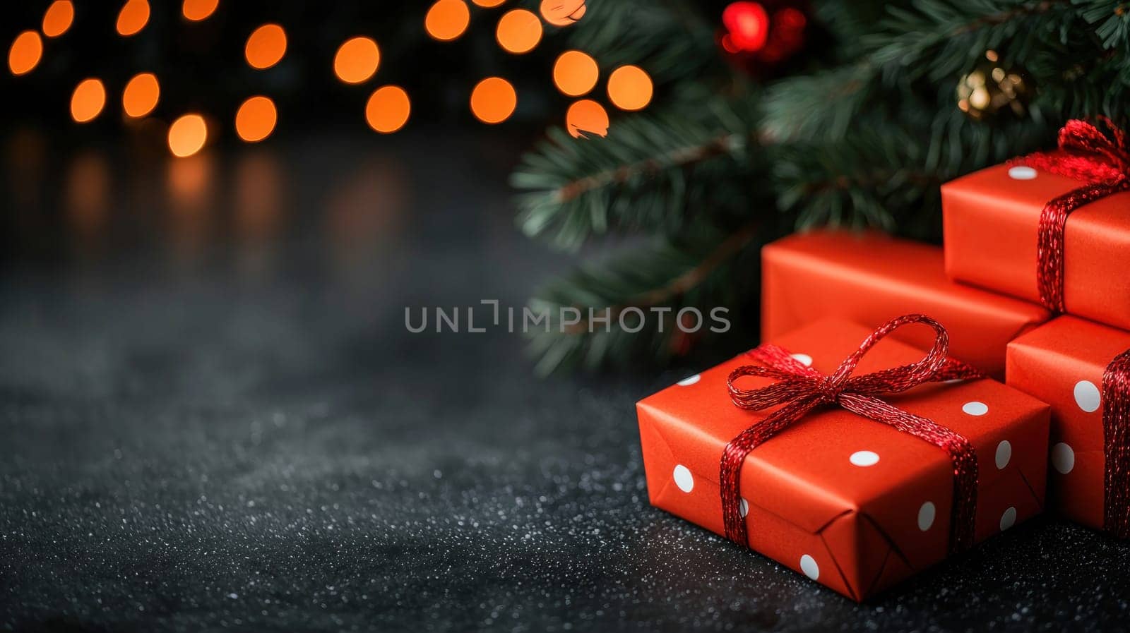 Brightly wrapped red gifts with white polka dots under festive tree.