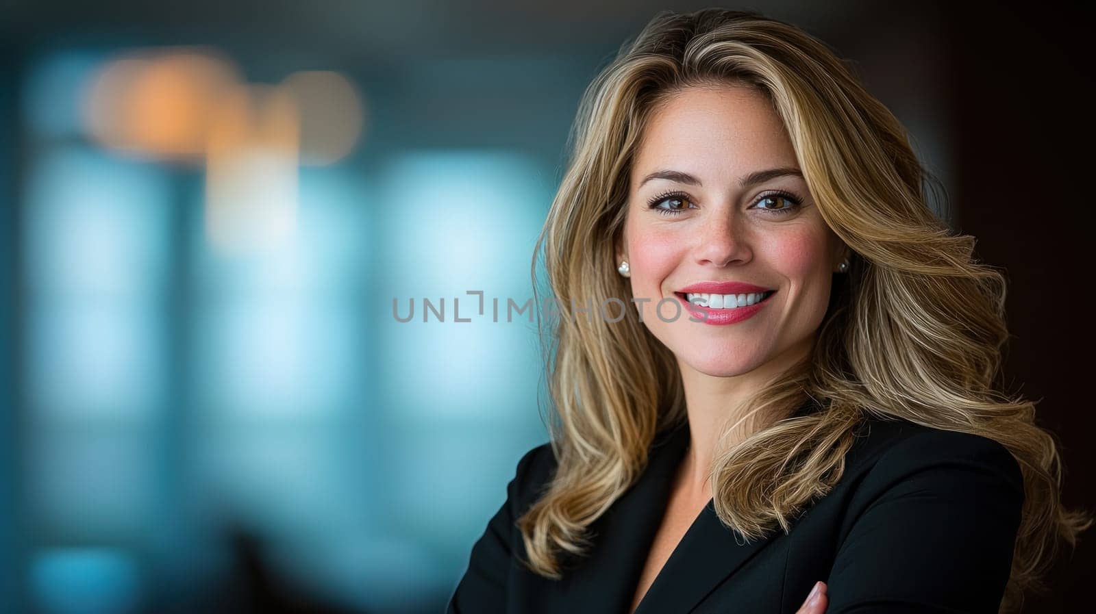 confident corporate executive smiling in professional setting.