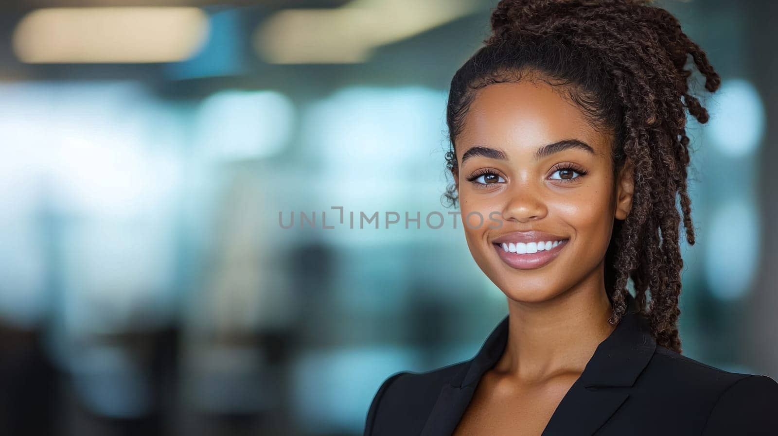 confident woman smiling in professional setting, showcasing her charm and poise.