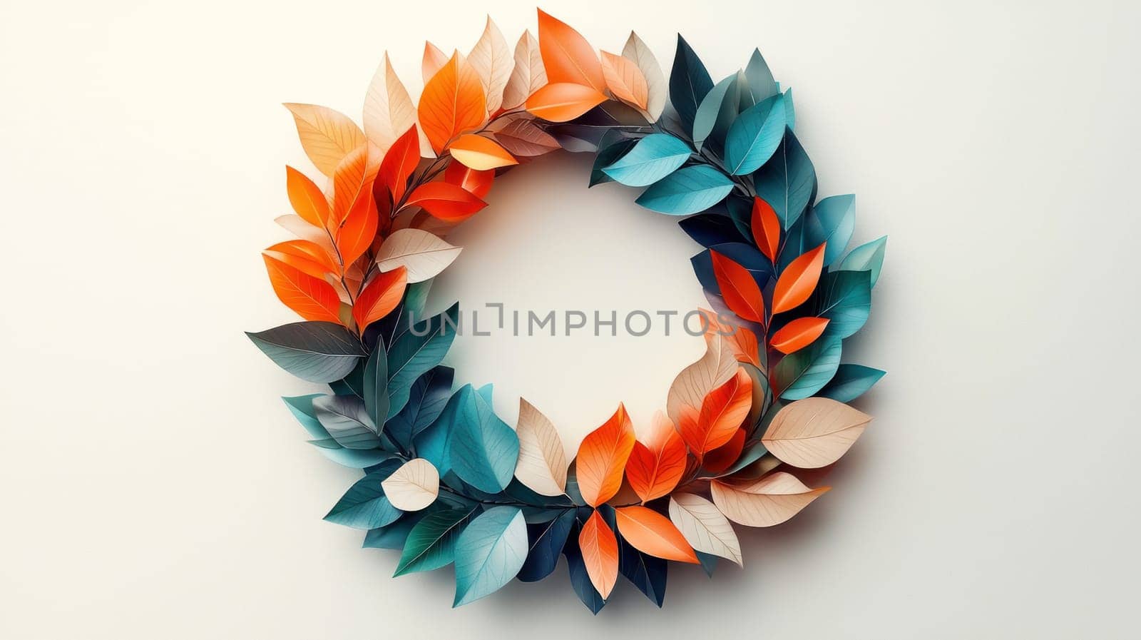 Colorful geometric wreath made from abstract leaves, perfect for decor.