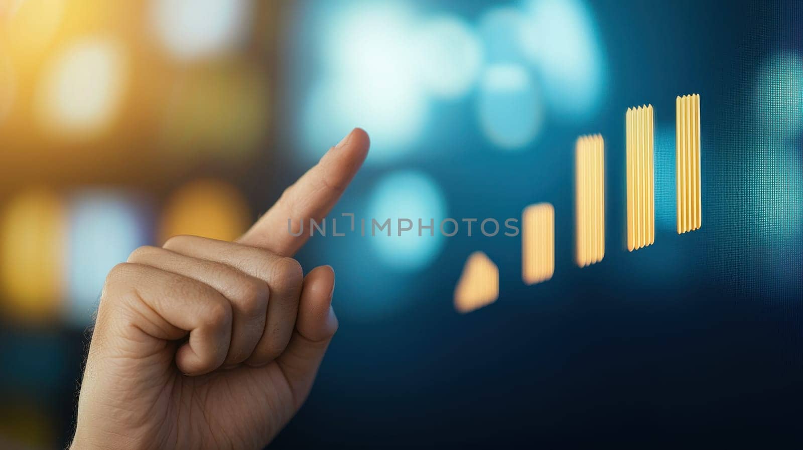 Hand pointing at growth graph on digital screen, symbolizing success.