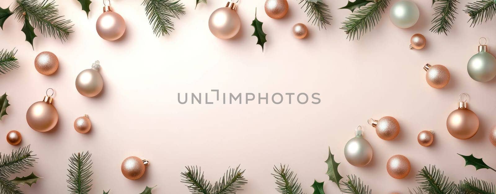 Elegant holiday decorations with ornaments and greenery create festive atmosphere.