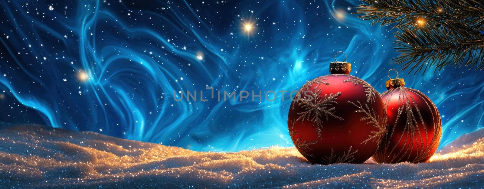 festive scene featuring oversized red baubles resting on snowy surface, surrounded by starry night.